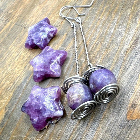 Lepidolite maxi balanced bar dangle spheres chunky purple statement earrings - Picture 3 of 4